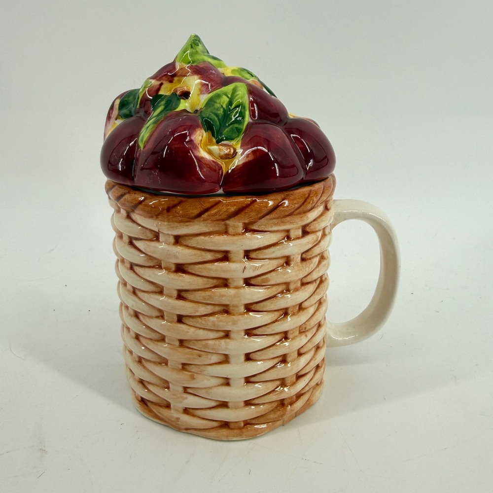 Red Apple Basket Ceramic Mug with Lid Brown Red Farmhouse Decor Vtg Cottage Core